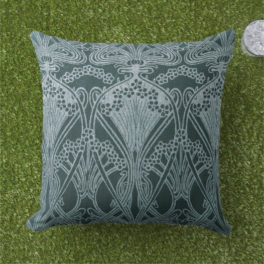 美しい，ティール（緑がかった色）銀，アールヌーボー模様，フローラ,m アウトドアクッション (芝生)