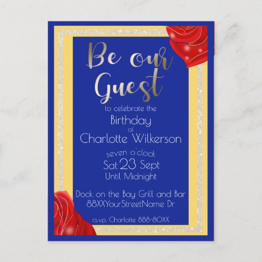 美しい&ビーストレッドローズオンブルー&イエロー 案内ポストカード (正面)