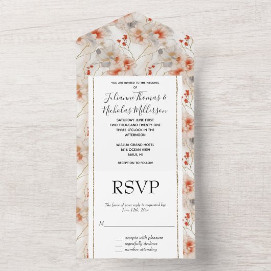 美しい フェミニンな ピンクと白の花柄 オールインワン招待状 (内側)