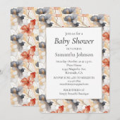 美しい フェミニンな ピンク ブルー 白の花模様 招待状 (正面/裏面)