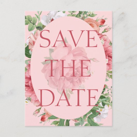 美しい ブッシュ ピンクの花の結婚式のSave the Date 案内ポストカード (正面)