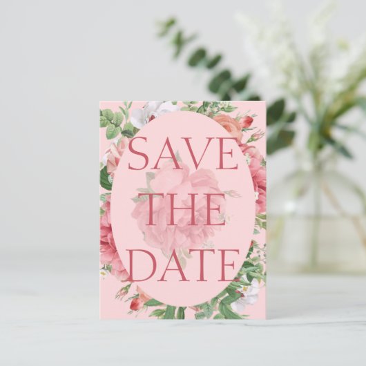 美しい ブッシュ ピンクの花の結婚式のSave the Date 案内ポストカード (スタンド正面)