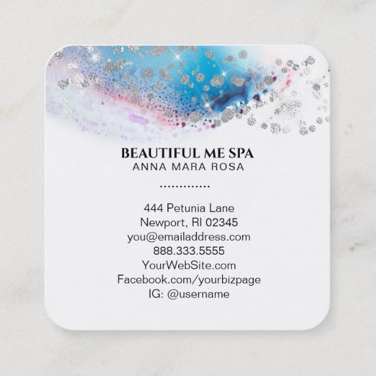 *~*美しい-ブルーウォーターカラーパステルシルバーグリッター スクエア名刺 (裏面)