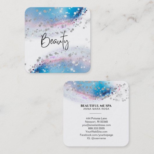 *~*美しい-ブルーウォーターカラーパステルシルバーグリッター スクエア名刺 (正面/裏面)