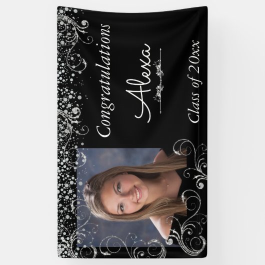 美しい、卒業、シルバーグリッターとコンフェッティ 横断幕 (縦)