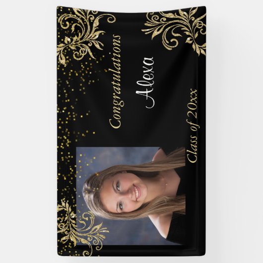 美しい,卒業,金ゴールドグリッター,カスタム写真, 横断幕 (縦)