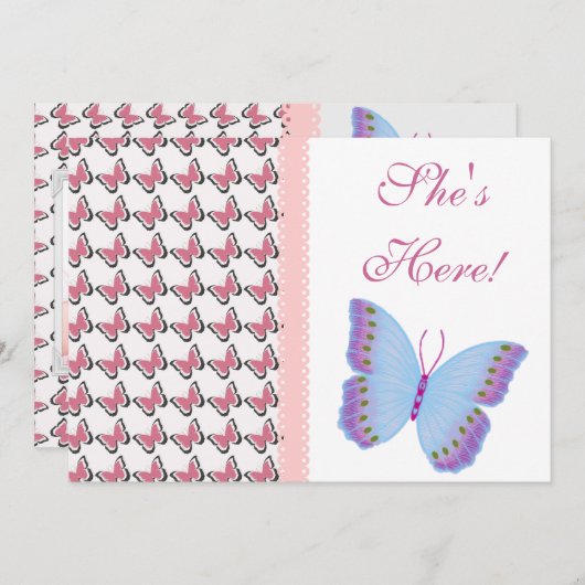 美しい「彼女はここにいる！」 ベビー発表 案内状 (正面/裏面)