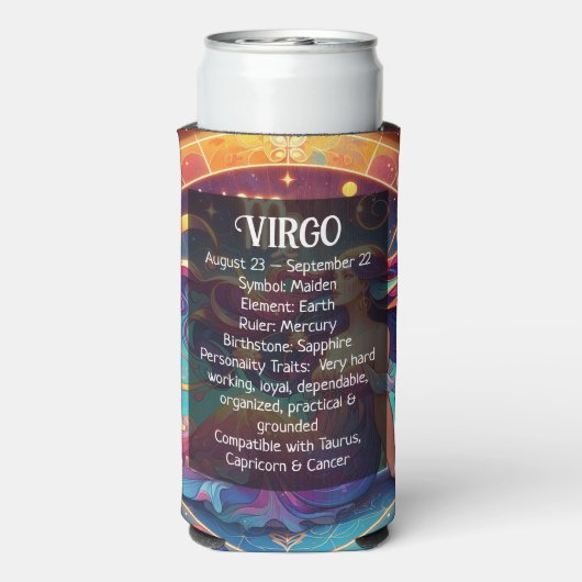美しい《星座》乙女座の女性と占星術情報の背面 スリム缶クーラー (Seltzer裏面)