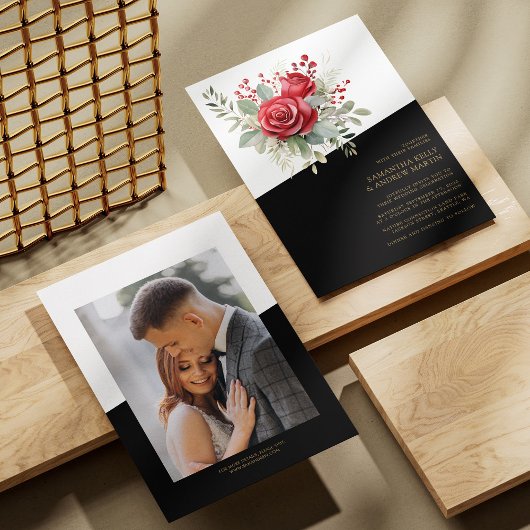 **美しい**: 水彩の赤いバラのウェディング 招待状