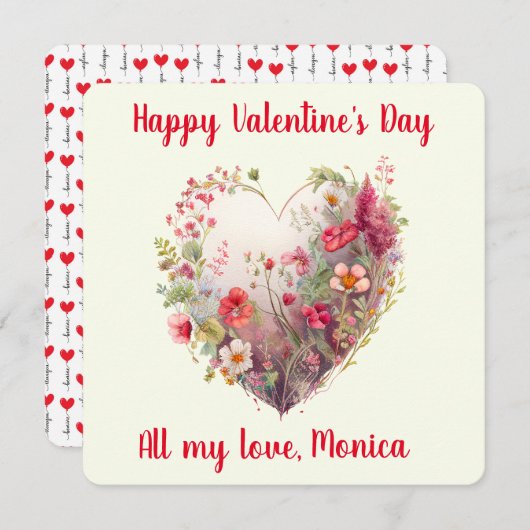 美しい、水色、ワイルドフラワーのハート シーズンカード (正面/裏面)