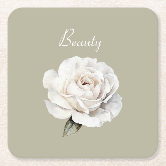 美しい 緑 白 薔薇 花 スクエアペーパーコースター (正面)