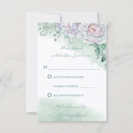 美しい 繊細な 水彩 ローズ ウェディング RSVP 招待状 (裏面)