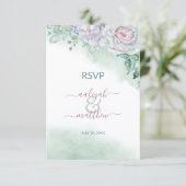 美しい 繊細な 水彩 ローズ ウェディング RSVP 招待状 (スタンド正面)