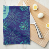 美しい&花カラフル柄ネイビーブルー キッチンタオル (四つ折り)