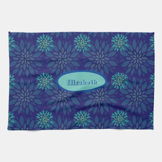 美しい&花カラフル柄ネイビーブルー キッチンタオル (横)