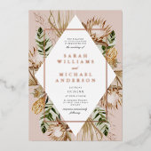 美しいBohoフローラジオ結婚のバラ金ゴールド 箔招待状 (正面)