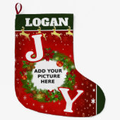 美しいJOYパーソナライズされた写真と名前リース ラージクリスマスストッキング (正面)