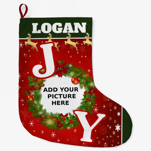 美しいJOYパーソナライズされた写真と名前リース ラージクリスマスストッキング (正面)