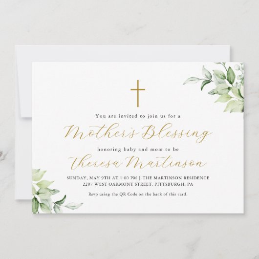 美しいQR Rsvpグリーンリークロス母賛美ズ 招待状 (正面)
