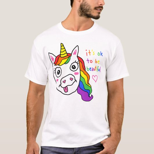 美しくなるのはOK 可笑しい デルピー 虹 ユニコーン Tシャツ (正面)