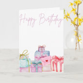 美しくイラストされた贈り物が山積みになっている カード (黄色い花)