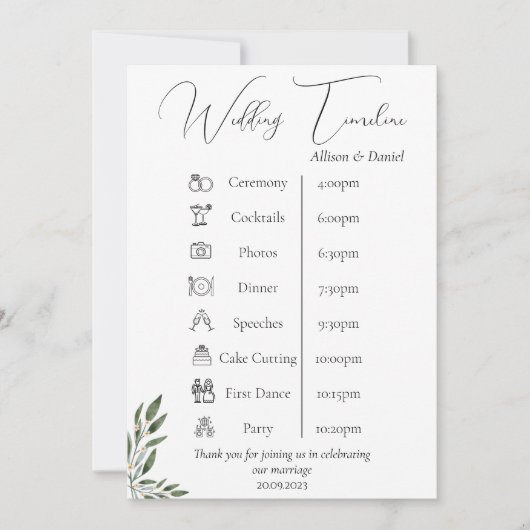 美しくエレガントなウェディングタイムライン 招待状 (正面)