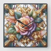 美しくデザインされたバラを巧みに表現 スクエア壁時計 (正面)