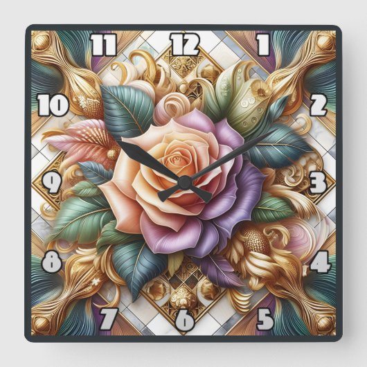 美しくデザインされたバラを巧みに表現 スクエア壁時計 (正面)