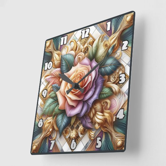 美しくデザインされたバラを巧みに表現 スクエア壁時計 (傾斜)