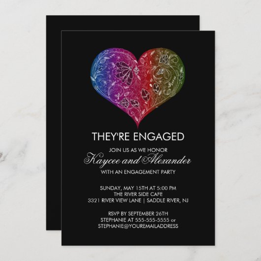 美しくモダンなハートの婚約の招待状 招待状 (正面/裏面)