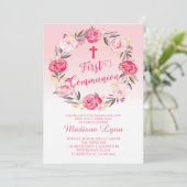 美しくモダンな花のリースの最初聖餐 招待状 (スタンド正面)