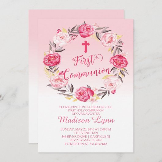 美しくモダンな花のリースの最初聖餐 招待状 (正面/裏面)