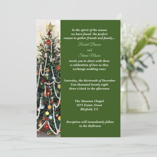美しく光り輝く木のクリスマスの結婚式の出欠 招待状 (スタンド正面)