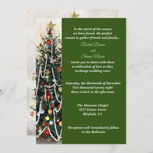 美しく光り輝く木のクリスマスの結婚式の出欠 招待状 (正面/裏面)