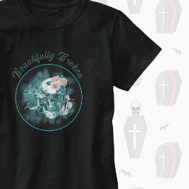 美しく壊れたローズ付きのティールスカル Tシャツ