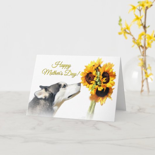 美しく幸せな母の日のハスキーおよびヒマワリ カード (黄色い花)