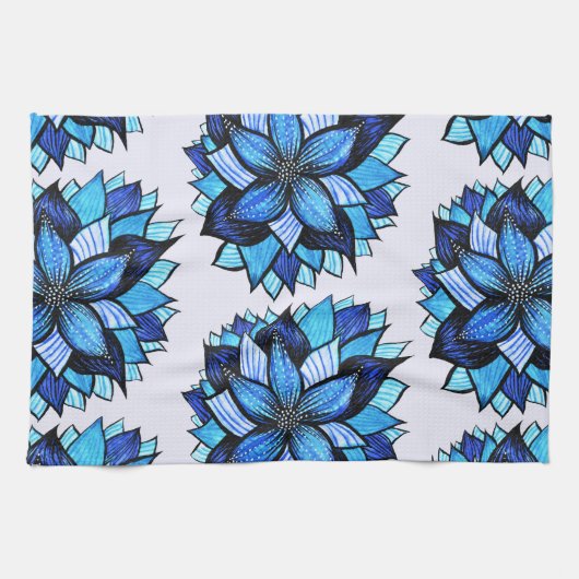 美しく抽象的で青い花インクスケッチパターン キッチンタオル (横)