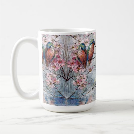 美しく描かれたカワセミと花 コーヒーマグカップ (左)