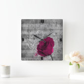 美しく旧式なショッキングピンクのバラのペンキの(ばちゃばちゃ)跳ねる スクエア壁時計 (ホーム)