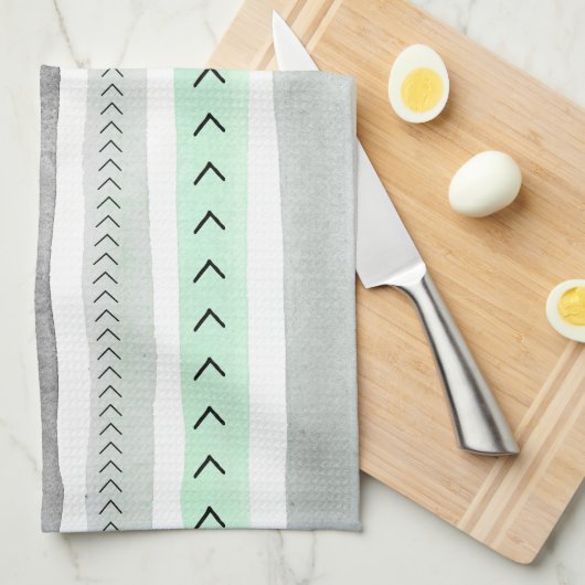 美しく真新しい緑の灰色の水彩画は縞で飾ります キッチンタオル (四つ折り)