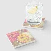 美しく赤く黄色いRanunculusによっては水彩画が開花します ストーンコースター (横)