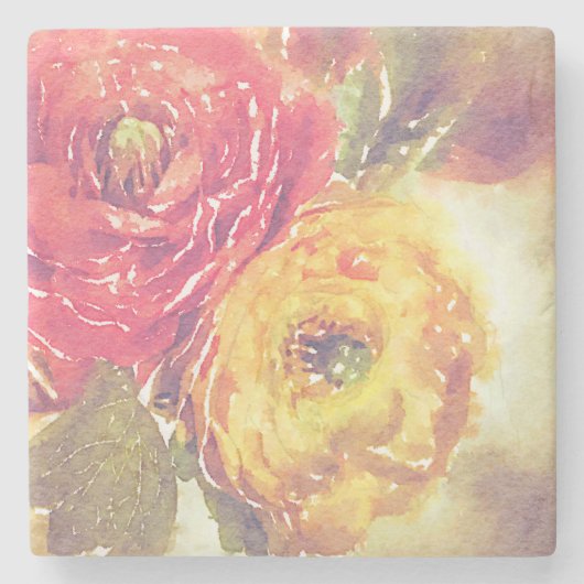 美しく赤く黄色いRanunculusによっては水彩画が開花します ストーンコースター (正面)