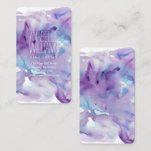 美しく青および紫色の水彩画 名刺 (正面/裏面)