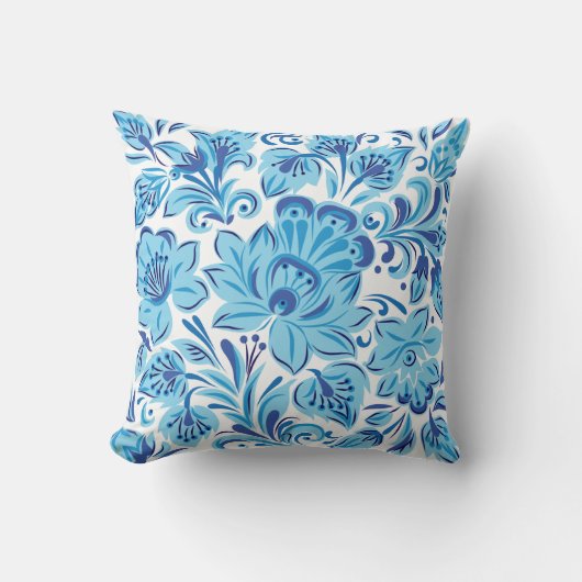 美しく青く、花パターン クッション (正面)