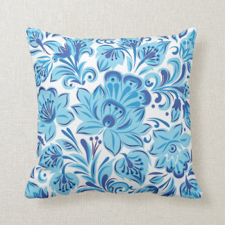 美しく青く、花パターン クッション