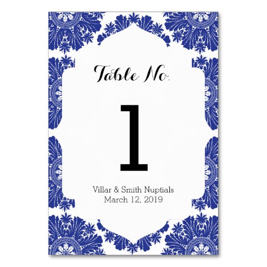 美しく青及び白いバロック式の結婚式の続き テーブルナンバー (正面)