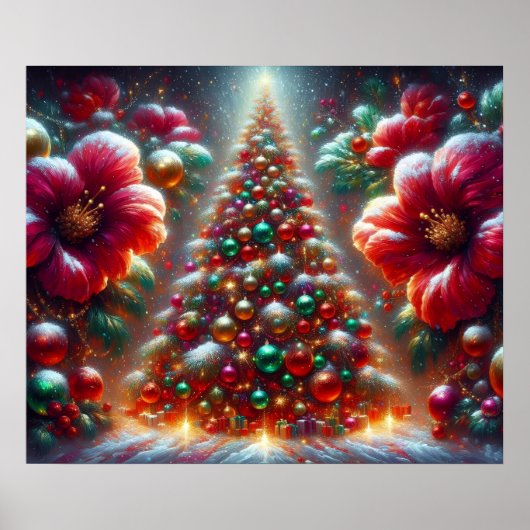 美しく飾られたクリスマスツリーと花々 ポスター (正面)
