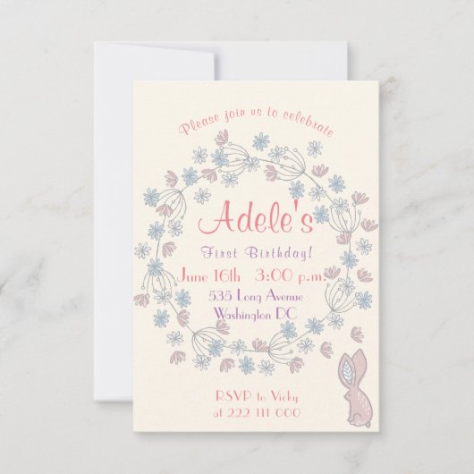 美しく、シンプルな女の子の第1誕生日の花柄 招待状 (正面)