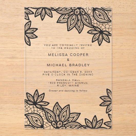 美しエレガントいブラック結婚レース アクリル招待状 (正面)