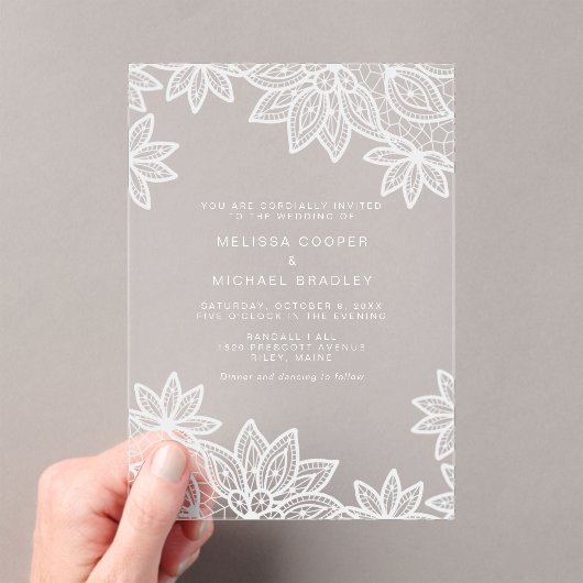 美しエレガントいホワイトレ結婚ース アクリル招待状 (インサイチュ (ポータブル))